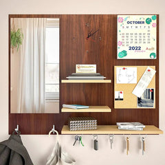 Beautiful (7 In One)' Wooden Wall Organiser With Mirror, Watch, Clipboard, Calendar and Hangers - All India Decor