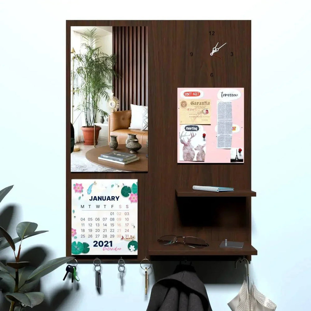 Beautiful (7 In One)' Wooden Wall Organiser With Mirror, Key hangers, Coat Hangers, Pin Board, Clock, Calendar - All India Decor