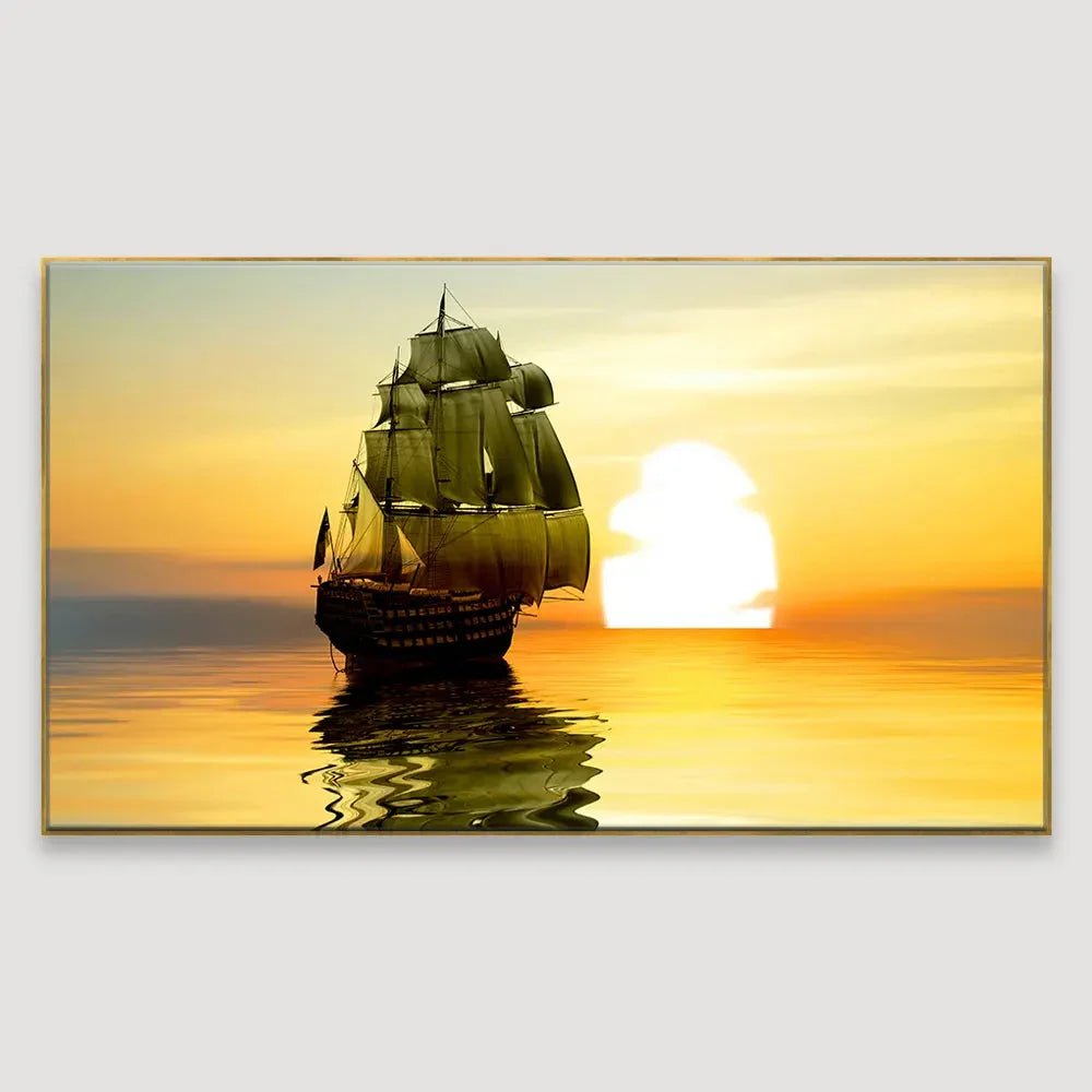 Beautiful Sailing Ship With Sunset Scenery Canvas Big Panoramic Wall Hanging - All India Decor