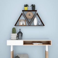 Beautiful Tringle Shape Set of 3 Wood Wall Shelf / Book Shelf, Walnut Finish - All India Decor