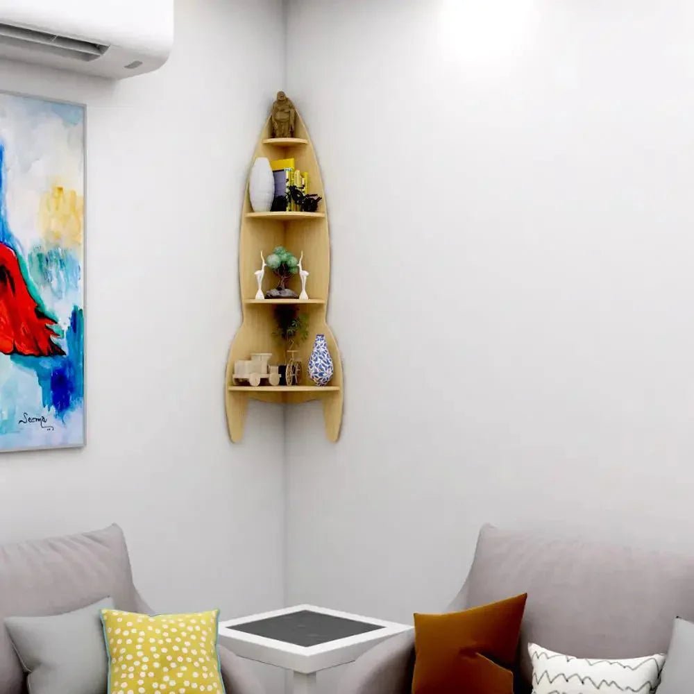 Rocket Shape Wood Corner Wall Shelf Large Size/ Book Shelf,Oak Finish - All India Decor