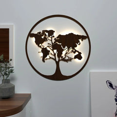 The World Map Tree Backlit Wall Art/ Night Light, Walnut Finish - All India Decor