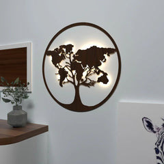 The World Map Tree Backlit Wall Art/ Night Light, Walnut Finish - All India Decor