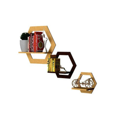 Hexagon Shape Wood Wall Shelf / Book Shelf,Walnut and Oak Finish - All India Decor