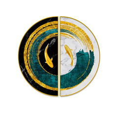 Abstract Blue Geometric Semi Circle Gold Line Art Decoration Paintings - All India Decor