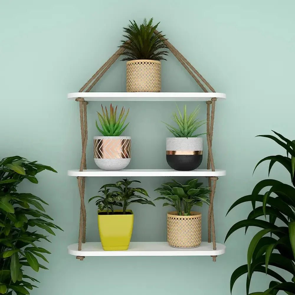 Wooden Wall Hanging Planter Shelf, Cross Rope with Three Layer (White Color) - All India Decor