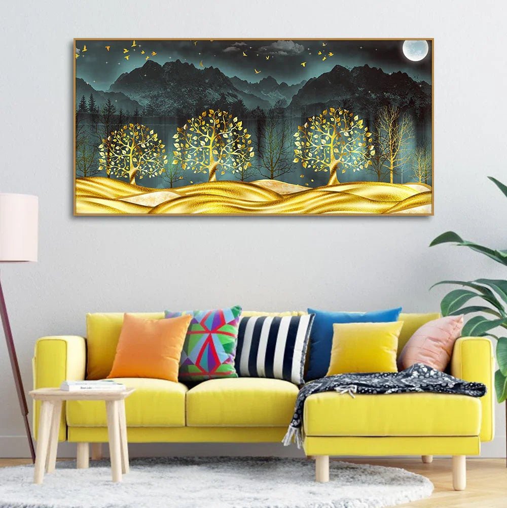 Wall Painting of Golden Trees in Dark Forest - All India Decor