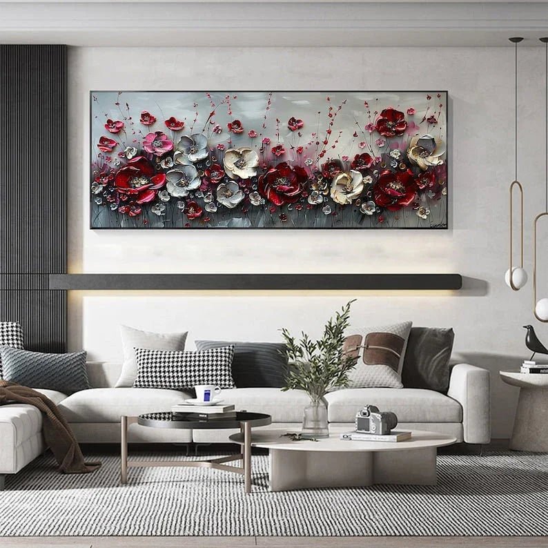 Large Abstract Flower Landscape Painting on Canvas Wall Art, Texture Wall Art,original Red Floral Wall Art Modern Wall Decor for Bedroom Online - All India Decor