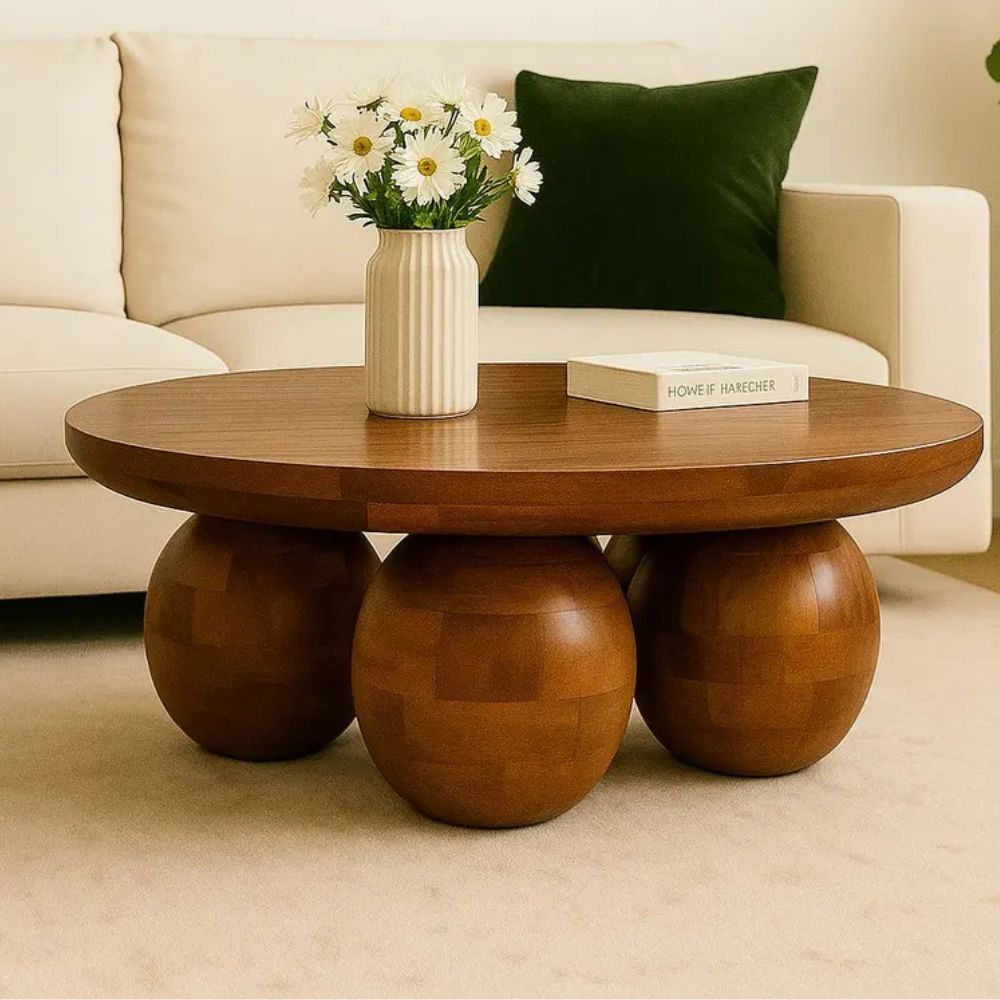 Wooden coffee table with spherical bases in a living room setting.