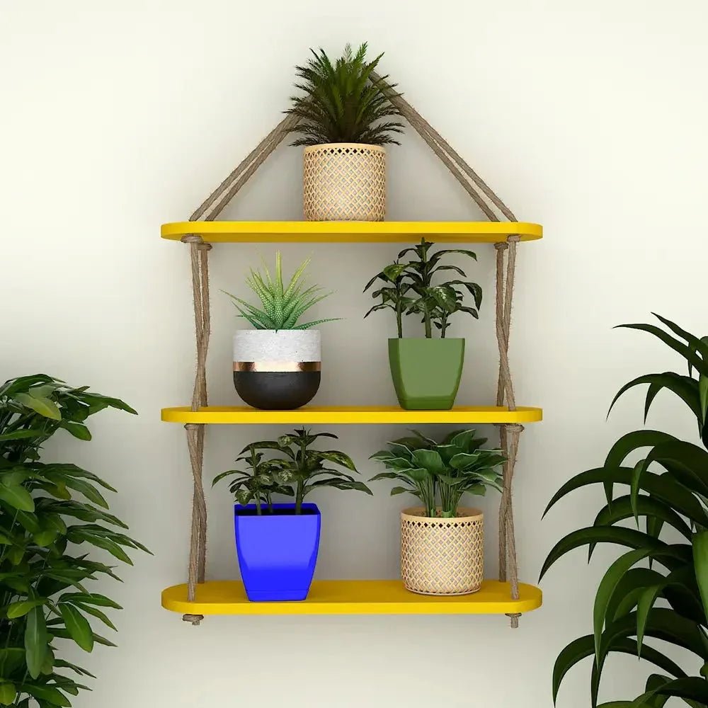 Wooden Wall Hanging Planter Shelf, Cross Rope with Three Layer (Yellow Color) - All India Decor