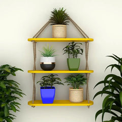 Wooden Wall Hanging Planter Shelf, Cross Rope with Three Layer (Yellow Color) - All India Decor