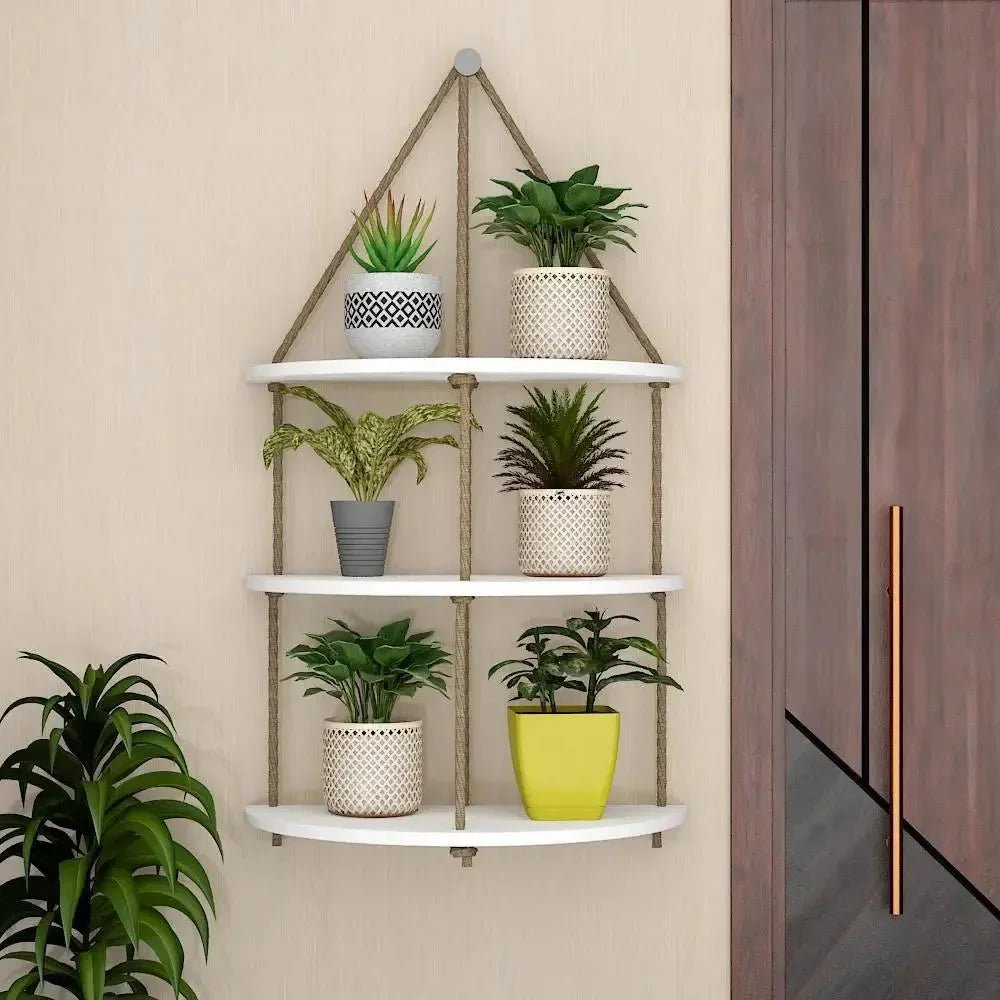 Wooden Wall Hanging Planter Shelf with Rope Three Layers(White) - All India Decor