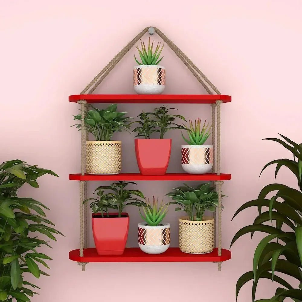 Wooden Wall Hanging Planter Shelf with Rope Three Layer (Red Color) - All India Decor