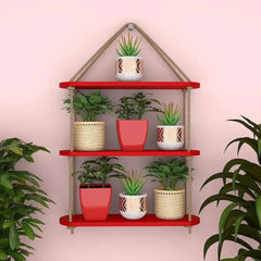 Wooden Wall Hanging Planter Shelf with Rope Three Layer (Red Color) - All India Decor