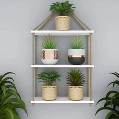 Planter Shelf Wooden Wall Hanging with Rope (White Color) - All India Decor