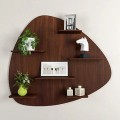Abstract Shape Backlit Wood Wall Shelf / Book Shelf / Night Light, Walnut Finish - All India Decor