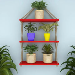 Cross Rope Wooden Wall Hanging Planter Shelf (Red Color) - All India Decor