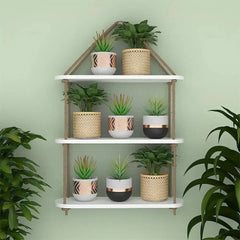 Wooden Wall Hanging Planter Shelf with Rope Three Layer (White Color) - All India Decor