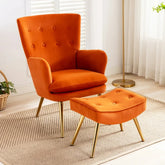 Tufted Long Back Orange Lounge Chair With Ottoman - All India Decor