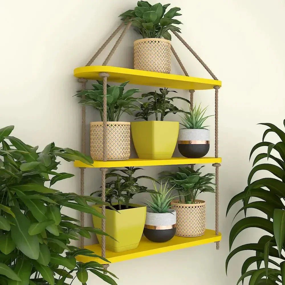 Wooden Wall Hanging Planter Shelf with Rope Three Layer (Yellow color) - All India Decor