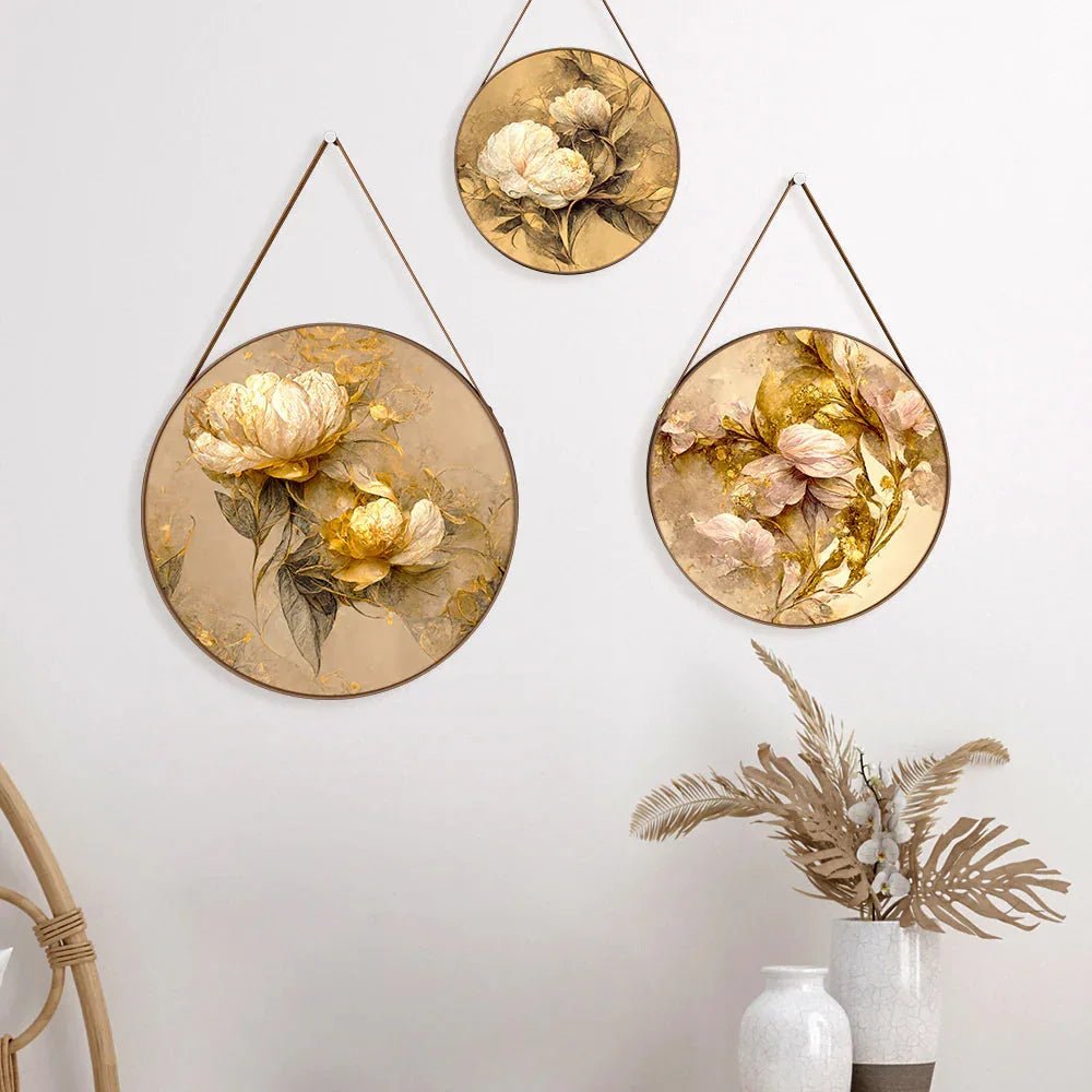 Golden Peony Flower Round Framed Wall Art Set of 3 - All India Decor