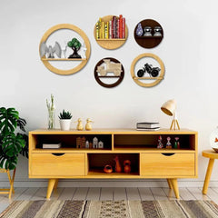 Stylish Circles Shape Set of 5 Wood Wall Shelf / Book Shelf,Walnut and Oak Finish - All India Decor