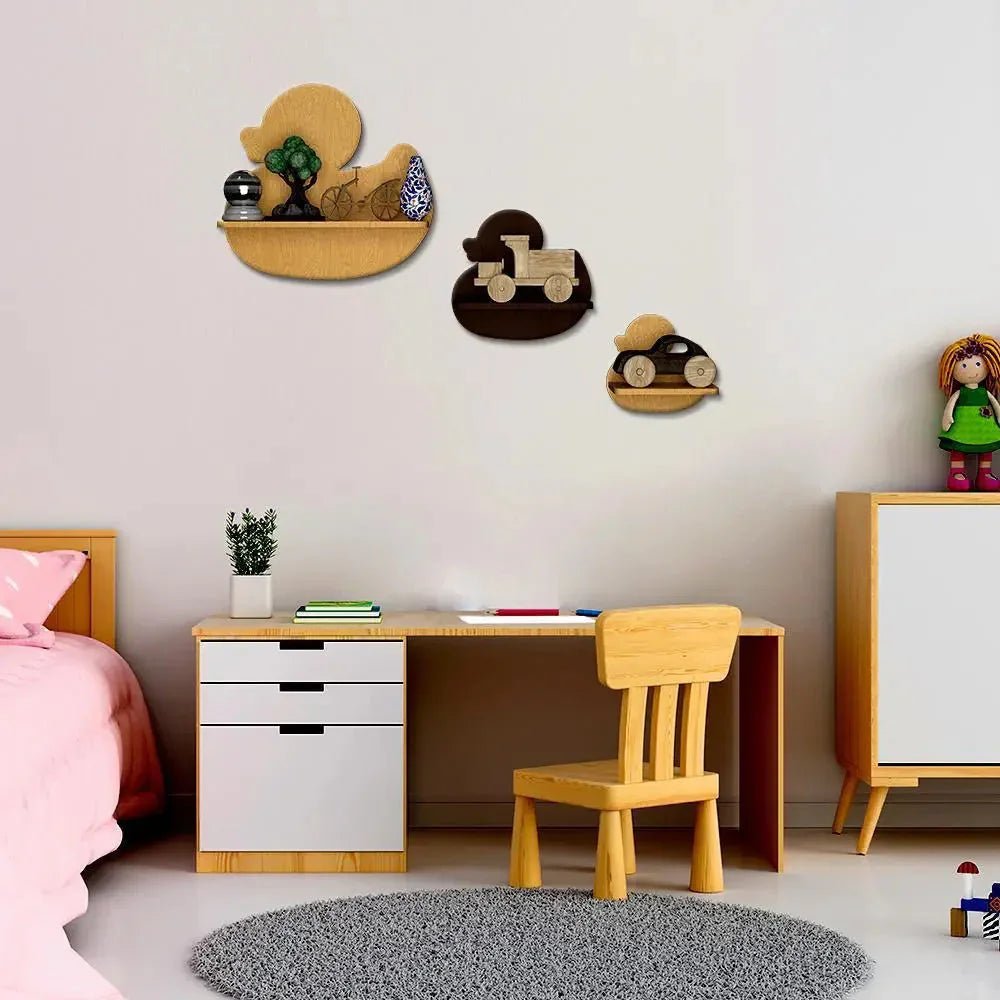 Duck Shape Wood Wall Shelf / Book Shelf,Walnut and Oak Finish - All India Decor