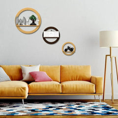 Circle Shape set of 3 Wood Wall Shelves / Book Shelf,Walnut and Oak Finish - All India Decor