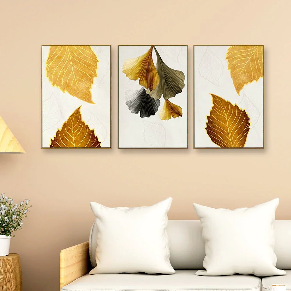 Lush Golden Leaves Frames Set Of 3 - All India Decor
