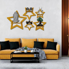 Stars Shape Wood Wall Shelf / Book Shelf, Gold Color - All India Decor
