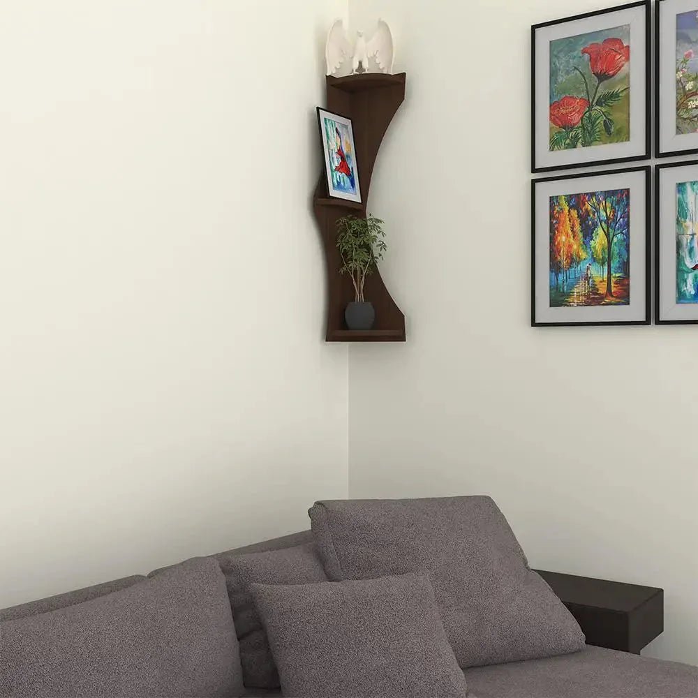 Zig Zag Shape Wood Corner Wall Shelf / Book Shelf,Walnut Finish - All India Decor