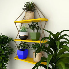 Wooden Wall Hanging Planter Shelf, Cross Rope with Three Layer (Yellow Color) - All India Decor