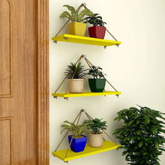 Wooden Wall Hanging Planter Shelf with Rope (Yellow, Set of 3) - All India Decor