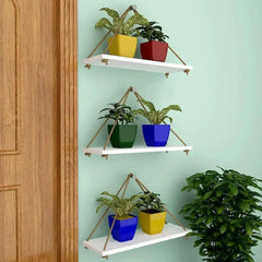 Wooden Wall Hanging Planter Shelf with Rope (White, Set of 3) - All India Decor