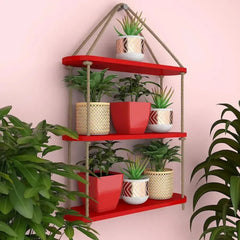 Wooden Wall Hanging Planter Shelf with Rope Three Layer (Red Color) - All India Decor