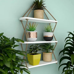 Wooden Wall Hanging Planter Shelf, Cross Rope with Three Layer (White Color) - All India Decor