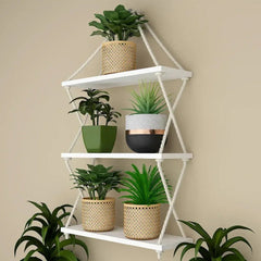 Cross Rope Wooden Wall Hanging Planter Shelf (White Color) - All India Decor