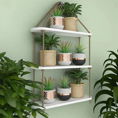 Wooden Wall Hanging Planter Shelf with Rope Three Layer (White Color) - All India Decor