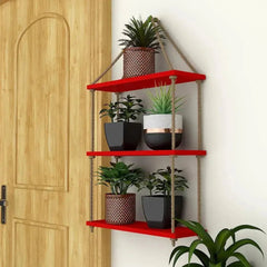 Planter Shelf Wooden Wall Hanging with Rope (Red Color) - All India Decor