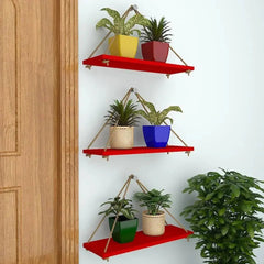 Wooden Wall Hanging Planter Shelf with Rope (Red, Set of 3) - All India Decor