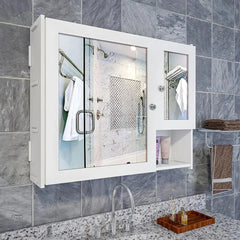 Sturdy Wooden Bathroom Storage Cabinet with Mirrors & 5 Spacious Shelves - White - All India Decor