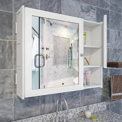 Sturdy Wooden Bathroom Storage Cabinet with Mirrors & 5 Spacious Shelves - White - All India Decor