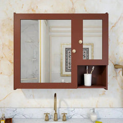Sturdy Wooden Bathroom Storage Cabinet with Mirrors & 5 Spacious Shelves - Solid Brown - All India Decor