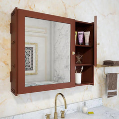 Sturdy Wooden Bathroom Storage Cabinet with Mirrors & 5 Spacious Shelves - Solid Brown - All India Decor