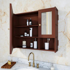 Sturdy Wooden Bathroom Storage Cabinet with Mirrors & 5 Spacious Shelves - Solid Brown - All India Decor