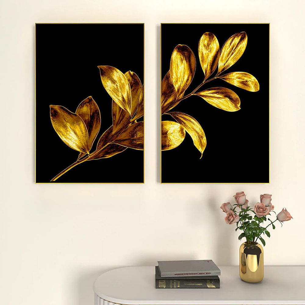 Ethereal Golden Brushed Leaf Stem Frames Set Of 2 - All India Decor