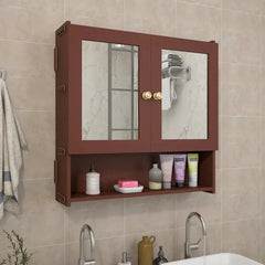 Space Saving Bathroom Mirror Cabinet with 5 Spacious Shelves - Solid Brown - All India Decor