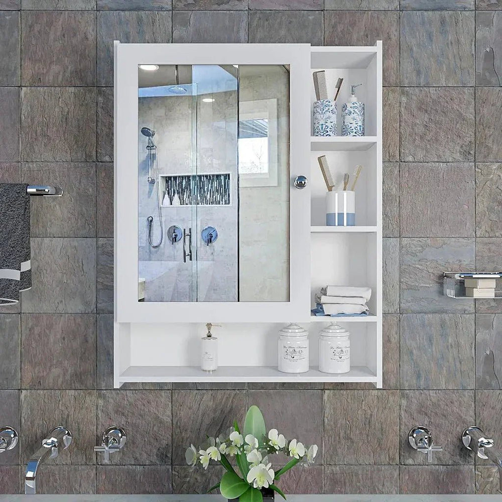 Spacious Wooden Bathroom Mirror Cabinet with 6 Shelves - White - All India Decor