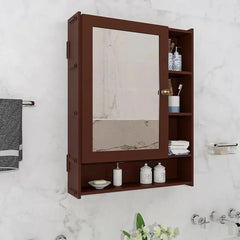 Spacious Wooden Bathroom Mirror Cabinet with 6 Shelves - Brown - All India Decor