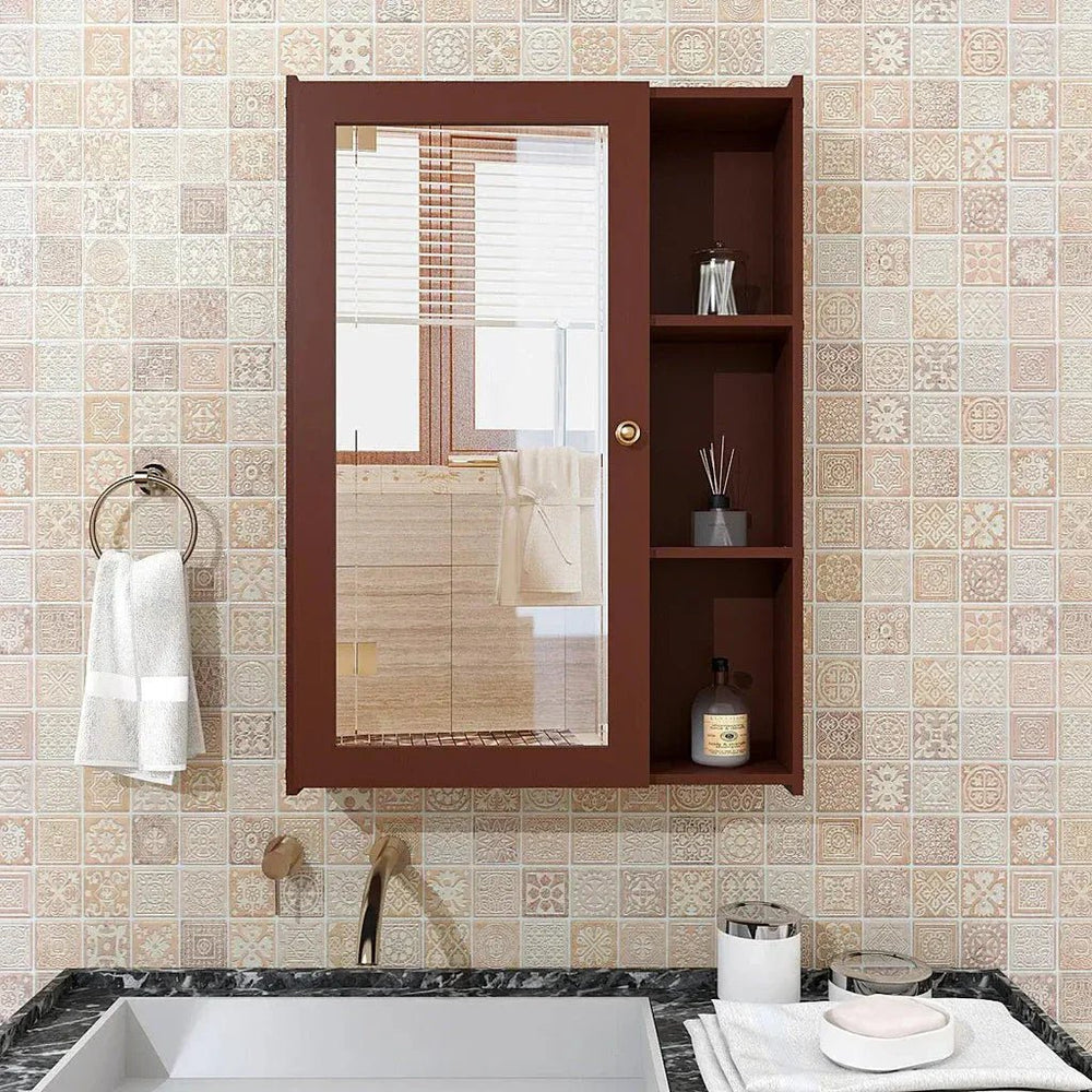 Solid Brown Wooden Bathroom Mirror Cabinet with 5 Spacious Shelves - All India Decor
